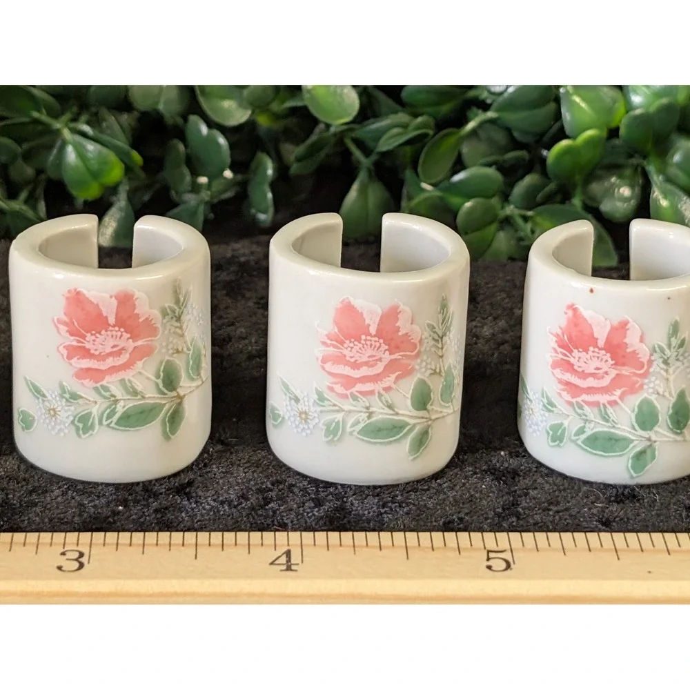 Vintage Chilton Toys Mini Porcelain Napkin Rings Set of 7 Pink Floral Tea Set